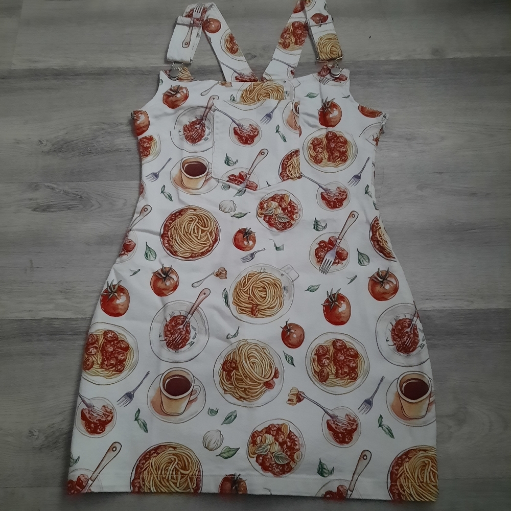 Fashion Nova Pasta Print Overall Mini Dress